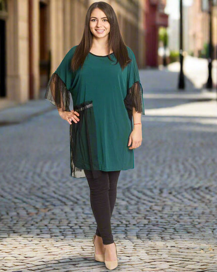 Зелена официална туника с елементи от тюл - Maxi Market