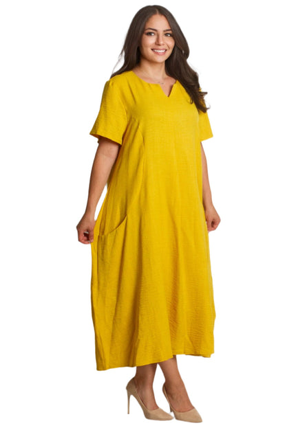 Жълта разкроена ленена рокля с V - деколте и джобове - Maxi Market