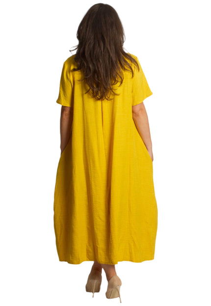 Жълта разкроена ленена рокля с V - деколте и джобове - Maxi Market