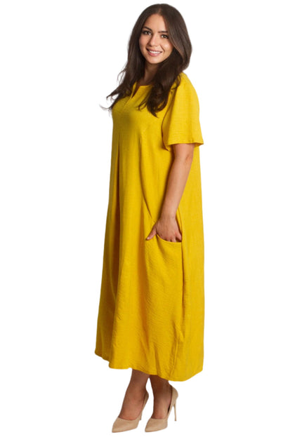 Жълта разкроена ленена рокля с V - деколте и джобове - Maxi Market