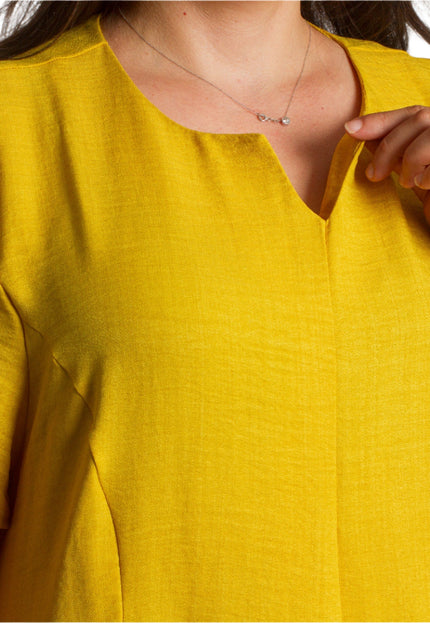 Жълта разкроена ленена рокля с V - деколте и джобове - Maxi Market