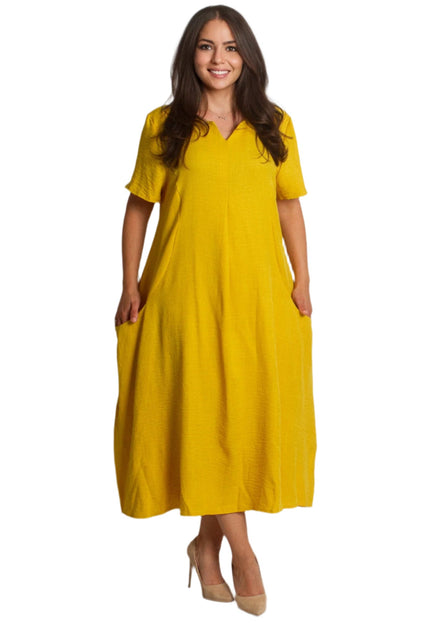 Жълта разкроена ленена рокля с V - деколте и джобове - Maxi Market