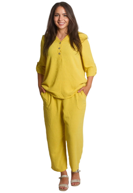 Жълта риза с V - образно деколте и декоративни копчета - Maxi Market