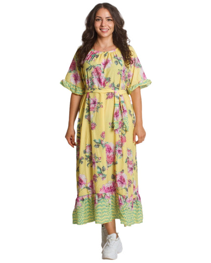Жълта рокля с флорални мотиви и колан в големи размери - Maxi Market