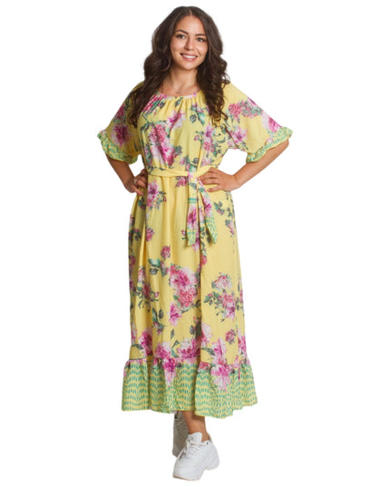 Жълта рокля с флорални мотиви и колан в големи размери - Maxi Market