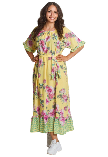 Жълта рокля с флорални мотиви и колан в големи размери - Maxi Market