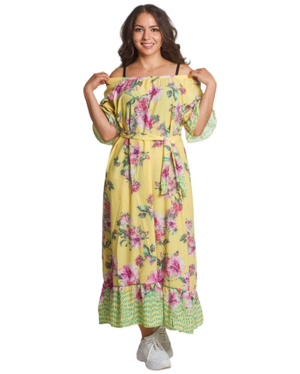 Жълта рокля с флорални мотиви и колан в големи размери - Maxi Market