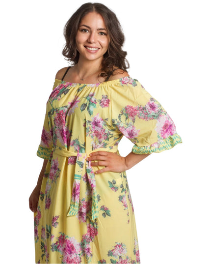 Жълта рокля с флорални мотиви и колан в големи размери - Maxi Market