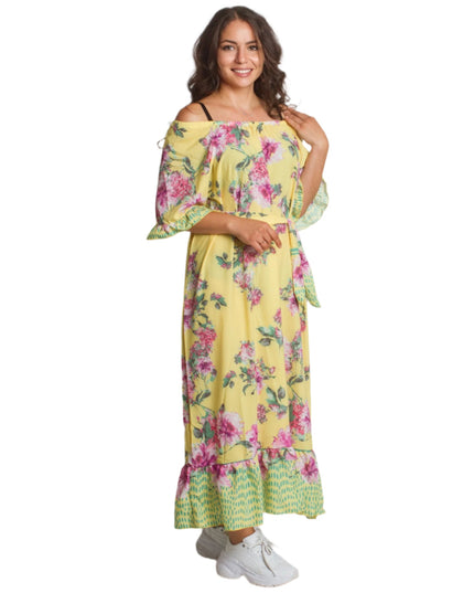 Жълта рокля с флорални мотиви и колан в големи размери - Maxi Market